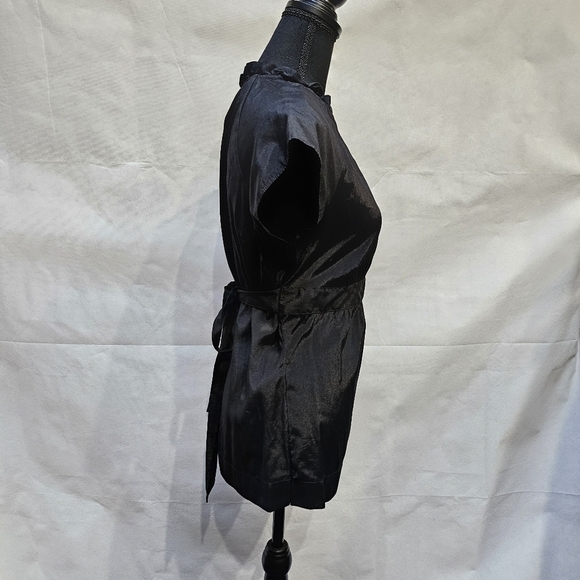 Apt. 9 Shiny Black Button Blouse Tie Waist Ruffle Collar Rayon Blend Size M - Picture 3 of 9